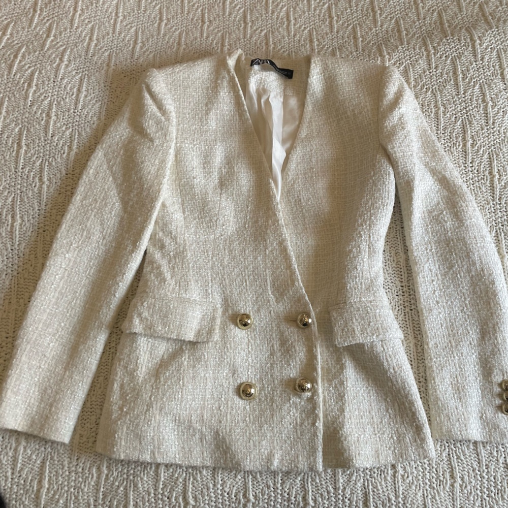 ZARA TEXTURED DOUBLE-BREASTED CREAM BLAZER